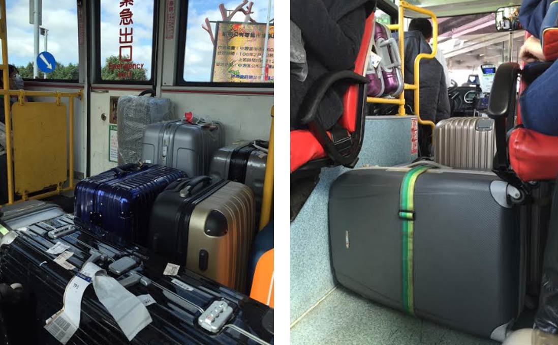 桃園機場的高鐵接駁公車內塞滿了旅客的大件行李。圖／黃嘉偉　提供